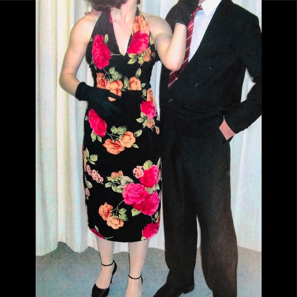 VTG 90's/50's Black bright lg. floral halter dress & Peplum apron size 4 petite - Picture 4 of 17